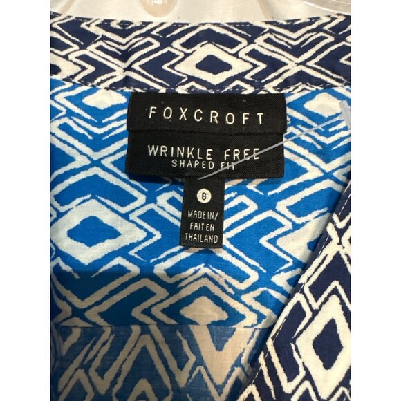 Foxcroft Womens Wrinkle-Free Shaped Fit Blue & White Geometric Pattern 3/4 Sleev - Picture 3 of 6